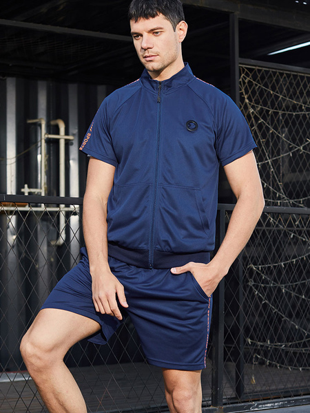 Milanoo Men\'s Activewear 2-Piece Color Block Short Sleeves Stand Collar Dark Navy