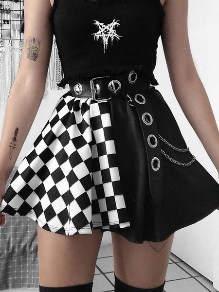 jupe gothique pour femmes chaînes noires oeillets hip hop polyester motif à carreaux mini jupe
