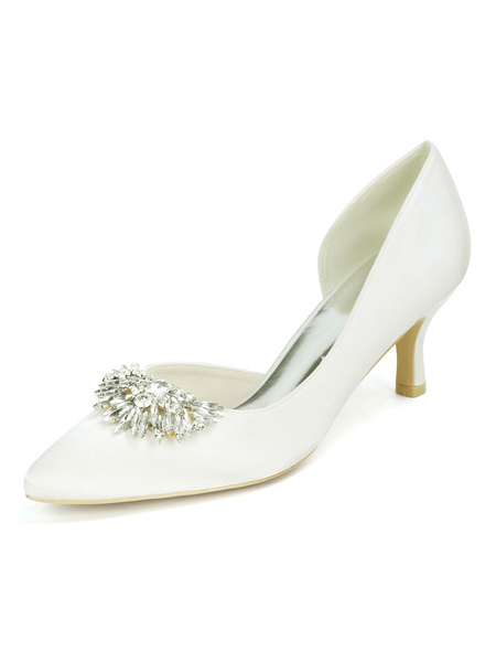 Milanoo Wedding Shoes Satin Silver Pointed Toe Rhinestones Kitten Heel Bridal Shoes