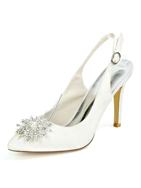 Milanoo Wedding Shoes Satin Ivory Pointed Toe Rhinestones Stiletto Heel Bridal Shoes