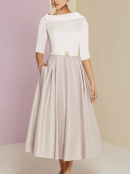 Milanoo Mother Dress Bateau Neck 3/4 Length Sleeves A-Line Sash Ankle-Length Wedding Guest Dresses