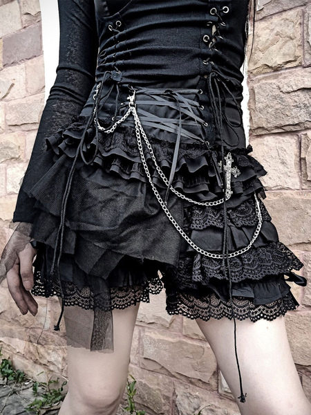 jupe gothique punk sk en polyester noir  mini-jupe lolita à volants croisés à lacets