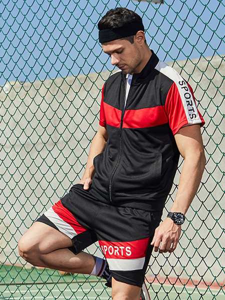 Milanoo Men\'s Activewear 2-Piece Color Block Short Sleeves Stand Collar Black