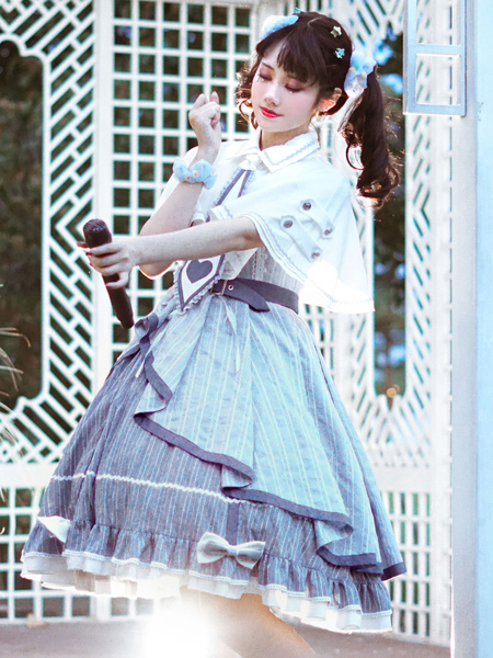 Milanoo Idol clothes Lolita JSK Dress Baby Blue Print Pattern Bows Grommets Metal Details Lace Up Lo