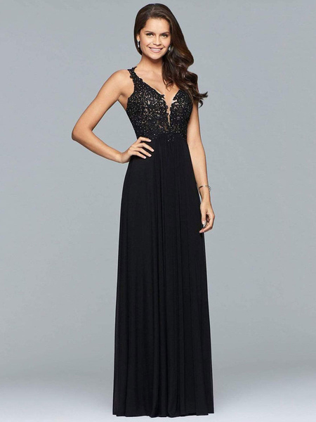 Milanoo Prom Dress Black A-Line V-Neck Sleeveless Chiffon Sleeveless Long Lace Wedding Guest Dresses