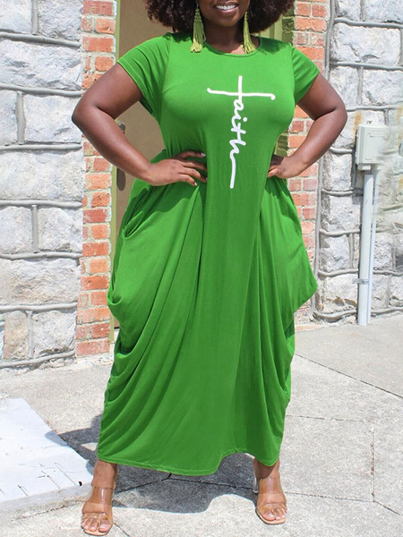 Milanoo Plus Size Dress For Women Jewel Neck Short Sleeves Polyester Pleated Oversized Long Dress