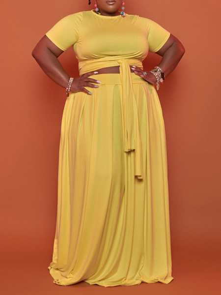 Milanoo Plus Size Dress For Women Jewel Neck Short Sleeves Plaid Cotton Yellow Long Dress