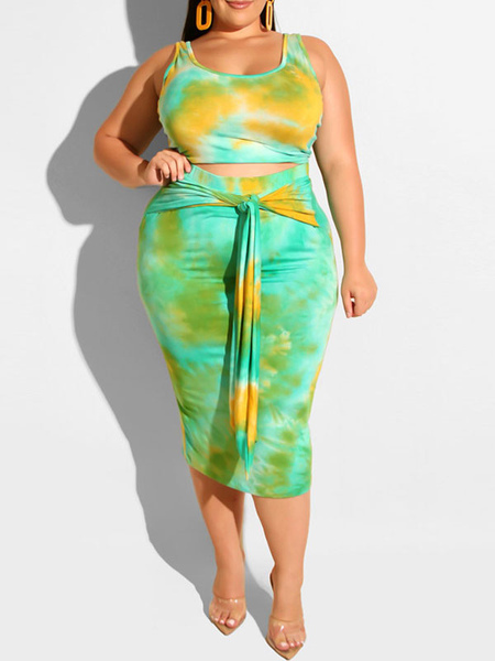 Milanoo Plus Size Tie Dye U Neck Top With Lace Up Skirts