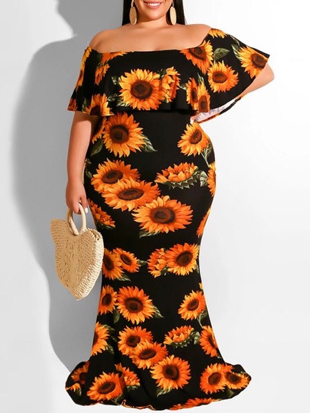 Plus Size Sunflower Print Off The Shoulder Maxi Dresses