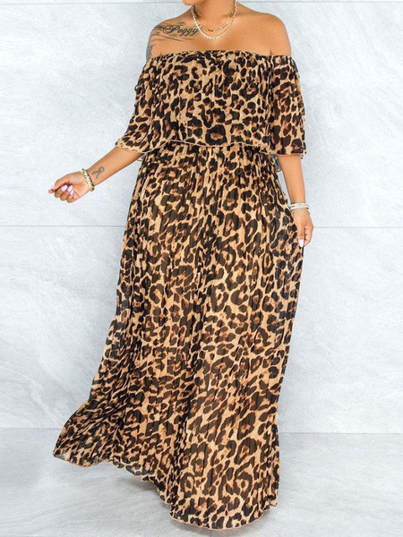 Milanoo Plus Size Dress For Women Bateau Neck Short Sleeves Leopard Print Polyester Ruffles Oversize