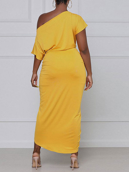 Maxi Dresses Half Sleeves Yellow One-Shoulder Pleated Maxi Asymmetrical Polyester Floor Length Dress