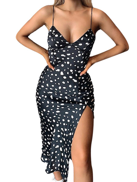 Milanoo Summer Dress V-Neck Sleeveless Polyester Split Front Black Beach Dress Cami Long Dress