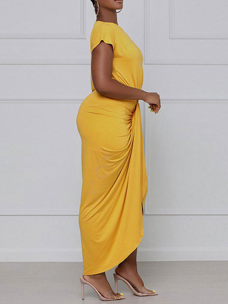 Maxi Dresses Half Sleeves Yellow One-Shoulder Pleated Maxi Asymmetrical Polyester Floor Length Dress