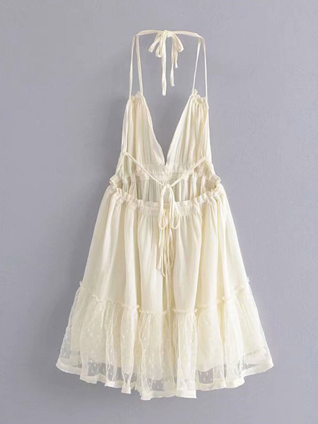 White Summer Dress Women Halter Sleeveless Pleated Short Dresses
