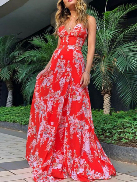 Red Maxi Dresses For Women Floral Print V-Neck Backless Polyester Floor Length Summer Dress