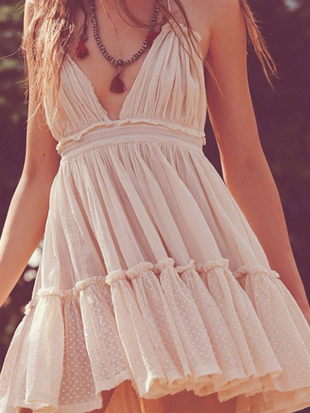 Milanoo White Summer Dress Women Halter Sleeveless Pleated Short Dresses