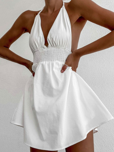 White Summer Dress Round Collar Sleeveless Off Shoulder Pleated Polyester Backless Lace Up Beach Dress