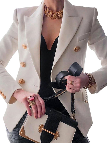 Milanoo Women Casual Blazer White Turndown Collar Long Sleeves Buttons Short Blazers
