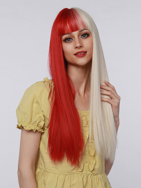 Milanoo Women Long Wig Split Color Straight Heat-resistant Fiber Layered Long Synthetic Wigs