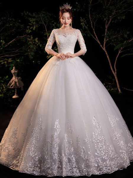 

Milanoo Simple Wedding Dress Eric White Ball Gown Jewel Neck Half Sleeves Applique Long Bridal Dress, Ecru white