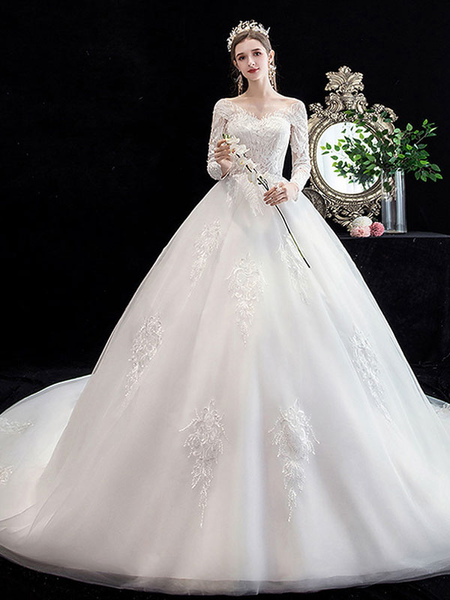 Milanoo White Wedding Dress Ball Gown Cathedral Train Jewel Neck 3/4 Length Sleeves Natural Waist Ap