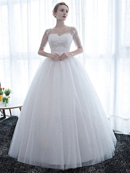 Milanoo Cheap Wedding Dresses Eric White Off The Shoulder Short Sleeves Soft Tulle Lace Up Floor Len