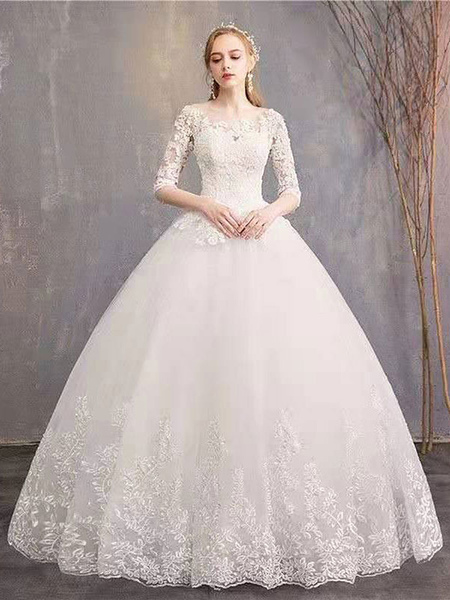 Milanoo Cheap Wedding Dresses Eric White Jewel Neck Half-Sleeve Soft Tulle Lace Up Floor Length Brid