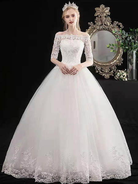 Milanoo Cheap Wedding Dresses Eric White Off The Shoulder Half Sleeves Ball Gown Soft Tulle Lace Up
