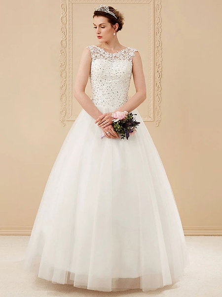 Milanoo Cheap Wedding Dresses White Jewel Neck Sleeveless Soft Tulle Lace Up Floor Length Bride Dres
