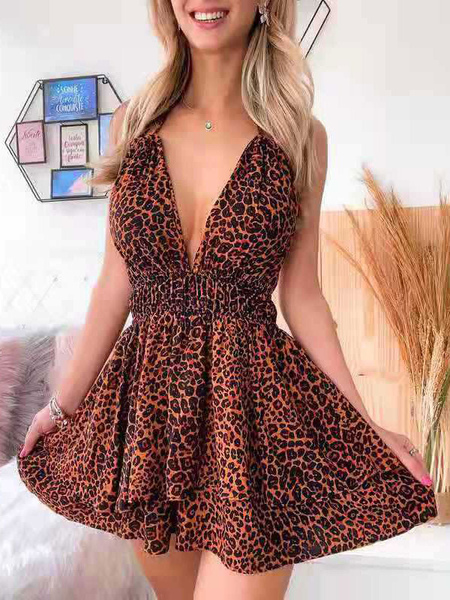 Milanoo Mini Dresses Leopard Print Sleeveless Open Shoulder Pleated Layered Stretch Polyester Short