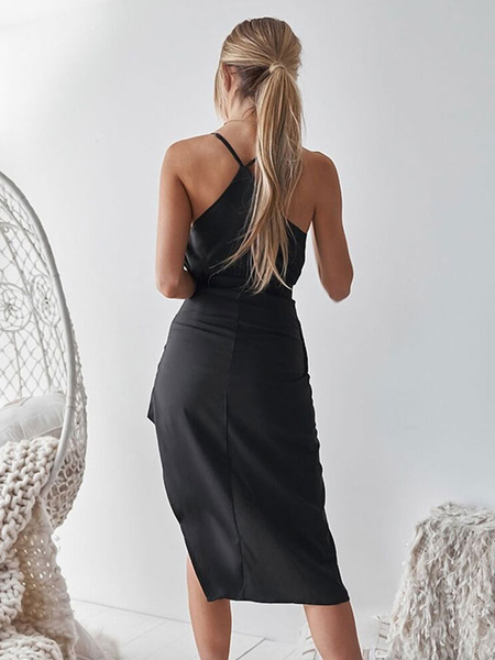 Party Dresses Black Straps Neck Split Front Sleeveless High Low Design Semi Formal Dress
