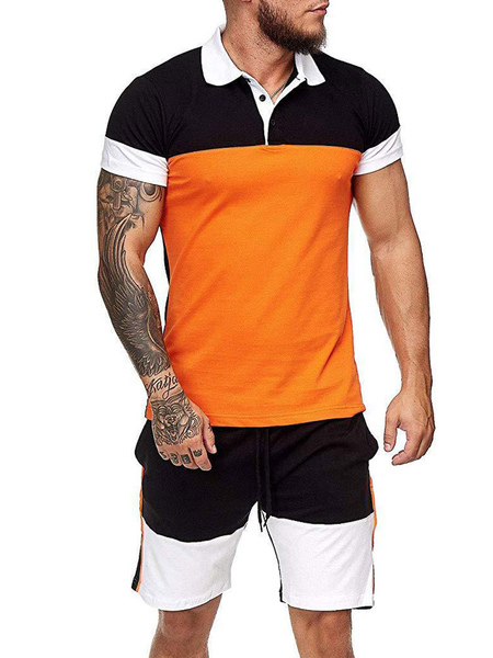 Survêtement hommes Bloc de couleur 2 pièces manches courtes orange tenu de sport orange polo