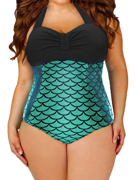 Milanoo Plus Size Swimming Suit Green Halter Raised Waist Polyester Sexy Summer One Piece Swimming S