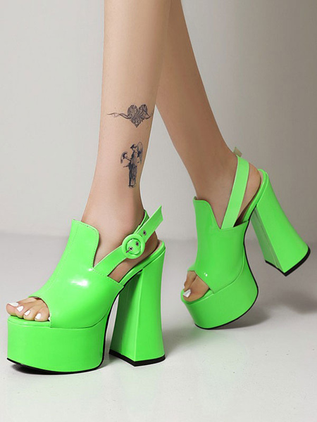 Milanoo Women's Platform Chunky Heel Slingback Sandals in Green Vegan Leather