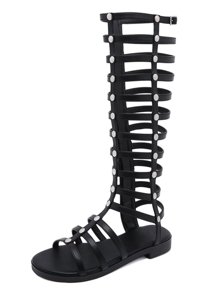 Milanoo Women's Studs Knee High Gladiator Sandals in Black Vegan Leather