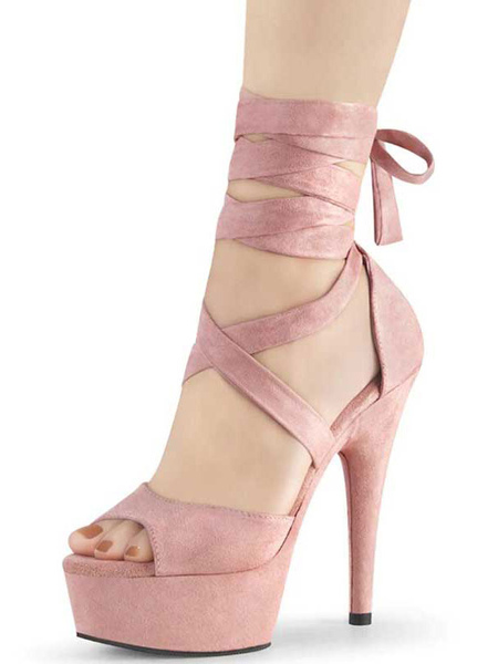 Milanoo Women's Strappy Platform Stiletto Heel Sandals in Pink Suede