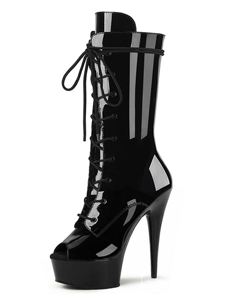 Milanoo Women's Sexy Lace Up Exotic Heels Platform Boots Stripper Shoes in Black Patent Leather