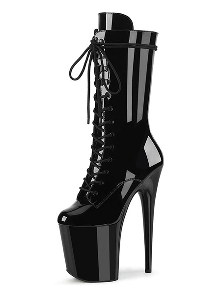 Milanoo Women's Sexy Lace Up Sky High Exotic Heel Mid Calf Boots in Black Patent Leather