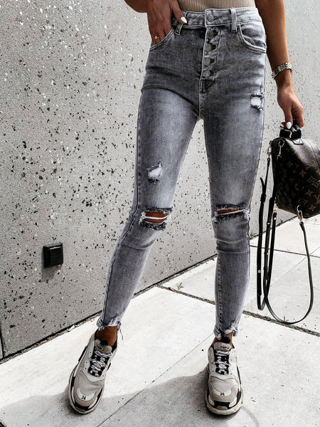 Milanoo Women Jeans Grey Low Rise Waist Zipper Fly Tapered Fit Denim Trousers