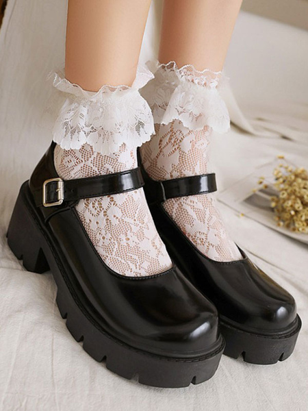Milanoo Academic Lolita Footwear Black Round Toe PU Leather Lolita Pumps