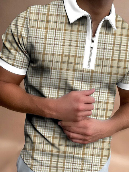 Milanoo Mens Polo Shirt Turndown Collar Short Sleeves Zipper Regular Fit Beige Fashion Polo Shirts