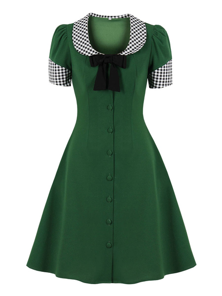 Milanoo 1950s Retro Dress U-Neck Buttons Stretch Sleeveless Medium Two-Tone Rockabilly Dress
