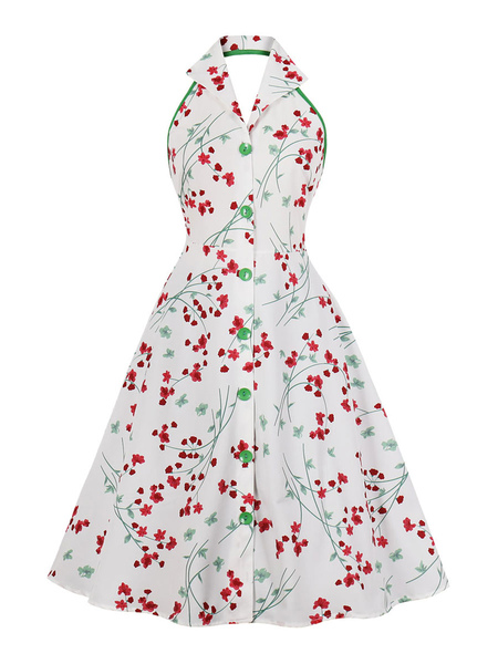 Milanoo 1950s Retro Dress Halter Buttons Stretch Sleeveless Floral Printed Rockabilly Dress