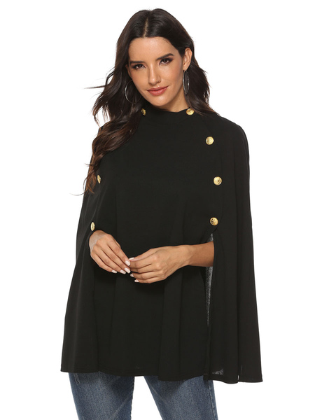 Milanoo Women Poncho Stand Collar Sleeveless Polyester Black Buttons Cape