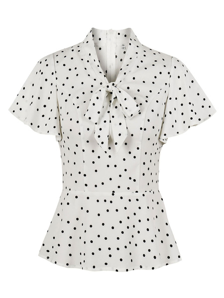 Milanoo Blouse For Women White Polka Dot Stretch Knotted Turndown Collar Casual Short Sleeves Polyester Summer Shirt
