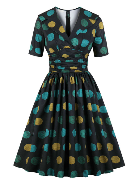 Milanoo 1950s Retro Dress Turndown Collar Zipper Layered Short Sleeves Long Polka Dot Swing Dress