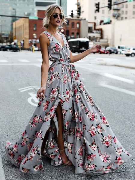robe fleurie longue imprimée femme avec bretelles à col décolleté en v coupe cintrée avec fente bicolores robe eté robe maxi