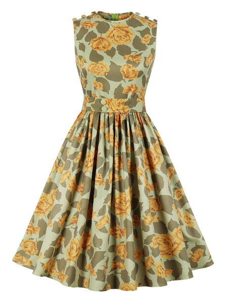Milanoo 1950s Vintage Dress Jewel Neck Pleated Layered Sleeveless Long Printed Swing Dress