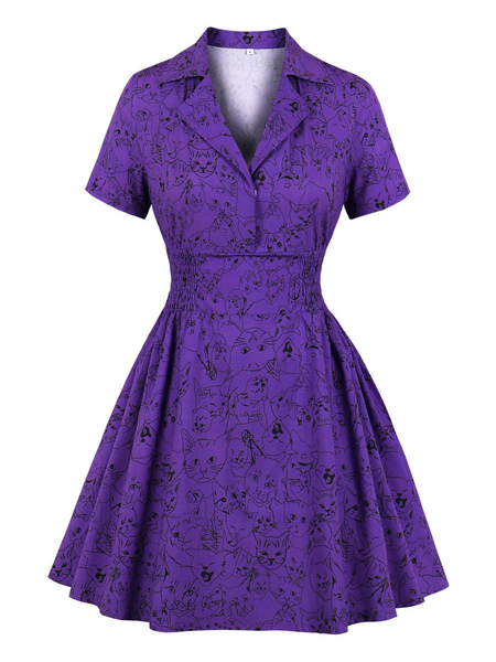 Milanoo 1950s Vintage Dress Purple Floral Printed Stretch Pleated Short Sleeves Turndown Collar Rockabilly Dress