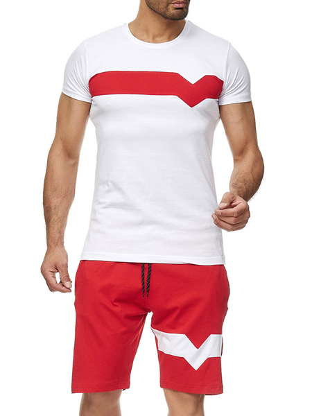 Milanoo Men's Activewear 2-Piece Color Block Short Sleeves Jewel Neck White